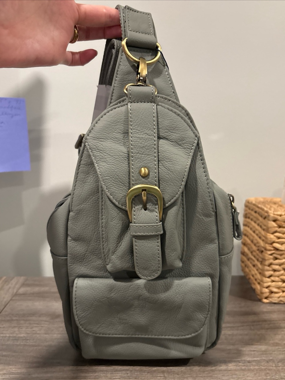 AMERI LEATHER Womens Grylls Petite Sling Bag Purse Grey Pebbled Crossbody NEW